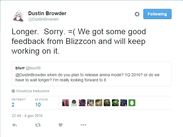 Dustin Browder's tweet on Arena Mode